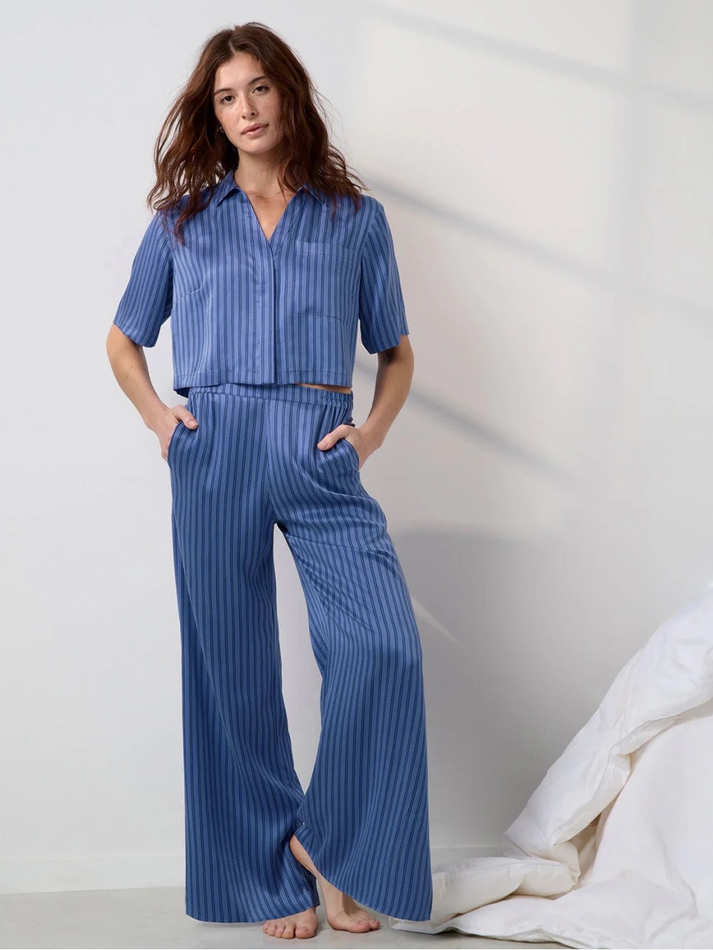 Like NEW LUNYA Washable Silk High Rise Pant Set Sz M $308 Coastal Blue Stripe